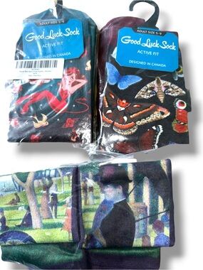 GOOD LUCK SOCK Butterflies Seurat Pin Up Devil Crew Socks - Black/Grey UNISEX